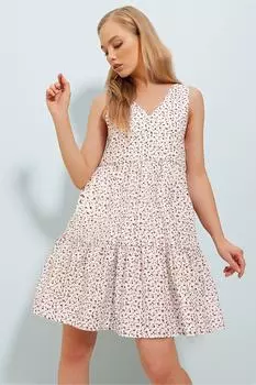 Женское льняное платье вишневого цвета с V-образным вырезом спереди и сзади с цветочным узором и воланами на подкладке ALC-X8199 Trend Alaat Stili, бордовый