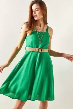 Женское льняное расклешенное мини-платье травяного цвета с поясом и боковой молнией Olalook, зеленый