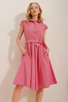 Женское льняное тканое платье-рубашка без рукавов цвета фуксии Trend Alaat Stili, розовый