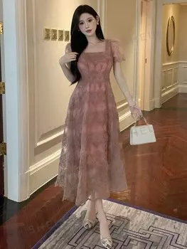 Женское летнее элегантное сетчатое платье с вышивкой, присборенной талией и пышными рукавами Dazy, розовый