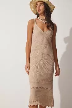 Женское летнее ажурное трикотажное платье на бретелях из норки Happiness stanbul, коричневый