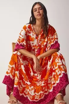 Женское летнее длинное платье из вискозы оранжевого цвета с узором Happiness stanbul, разноцветный