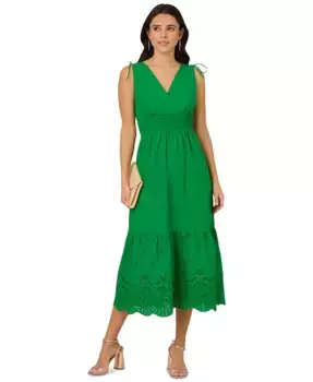 Женское летнее хлопковое платье с вышитой кулиской на талии, завязками на рукавах и ажурной отделкой Adrianna Papell, зеленый