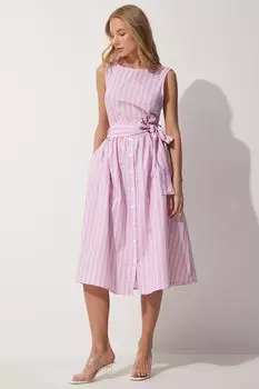 Женское летнее хлопковое платье в розовую полоску с поясом Happiness stanbul, розовый