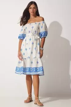 Женское летнее льняное платье синего кремового цвета с воротником кармен Happiness stanbul, синий