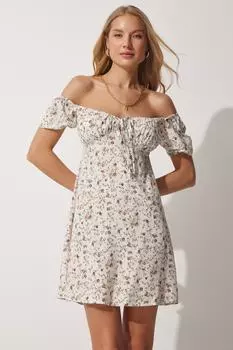 Женское летнее мини-платье из вискозы экрю-коричневого цвета с цветочным принтом Happiness stanbul