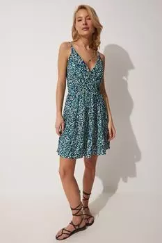 Женское летнее мини-платье синего цвета с запахом и бретельками Happiness stanbul, синий