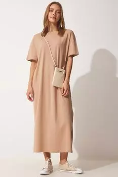 Женское летнее платье из хлопкового бисквита на каждый день из чесаного хлопка Happiness stanbul, бежевый