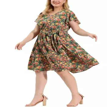 Женское летнее платье миди с v-образным вырезом и эластичной резинкой на талии больших размеров с цветочным принтом Agnes Orinda