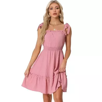 Женское летнее платье с завязками на бретелях, сарафан трапециевидной формы без рукавов с присборенной талией ALLEGRA K, розовый
