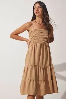 Женское летнее поплиновое платье с воланами на бретелях печенья Happiness stanbul, коричневый