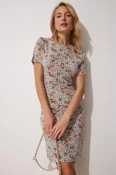 Женское летнее повседневное платье из вискозы цвета экрю с цветочным принтом Happiness stanbul