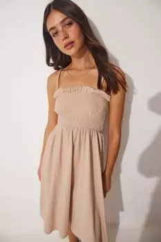 Женское летнее тканое платье кремового цвета с рюшами и рюшами Happiness stanbul, бежевый