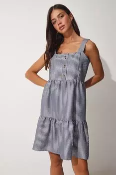 Женское летнее тканое платье на пуговицах с квадратным воротником дымчатого цвета Happiness stanbul, серый