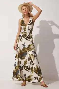 Женское летнее трикотажное платье цвета хаки с цветочным воротником и запахом Happiness stanbul, разноцветный