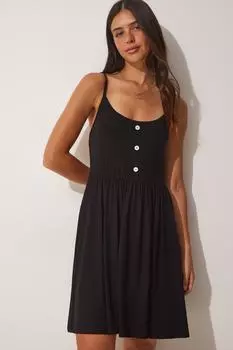 Женское летнее трикотажное платье из вискозы на пуговицах черного цвета Happiness stanbul, черный