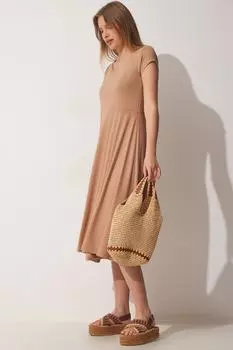 Женское летнее трикотажное платье из вискозы с перекрестной завязкой на спине Happiness stanbul, бежевый