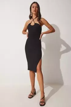 Женское летнее трикотажное платье на шнуровке черного цвета Happiness stanbul, черный