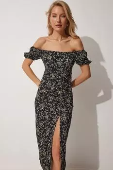 Женское летнее трикотажное платье Saran черного кремового цвета со сборками Happiness stanbul, черный