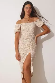 Женское летнее трикотажное платье Saran со сборками бисквитно-кремового цвета Happiness stanbul, бежевый