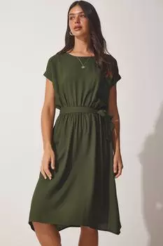 Женское летнее вискозное платье цвета хаки с поясом Happiness stanbul