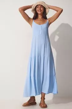 Женское летнее вискозное платье на пуговицах небесно-голубого цвета Happiness stanbul, синий