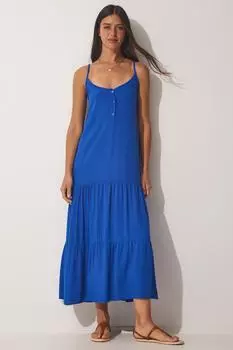 Женское летнее вискозное платье на пуговицах синего цвета Happiness stanbul, синий