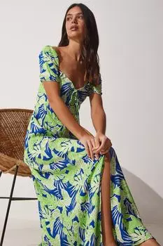Женское летнее вискозное платье с разрезом и цветочным принтом, темно-синее, зеленое Happiness stanbul, темно-синий