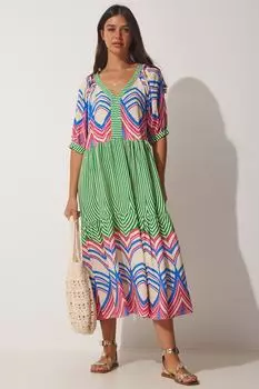 Женское летнее вискозное платье сине-розового цвета с v-образным вырезом Happiness stanbul, синий