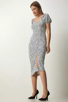 Женское летнее вязаное платье Saran темно-синего цвета со сборками на косточках Happiness stanbul, темно-синий