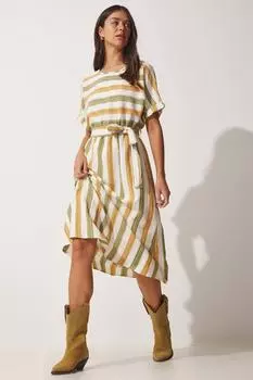 Женское летнее вязаное платье в горчично-зеленую полоску с поясом Happiness stanbul, желтый