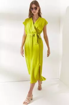 Женское маслянисто-зеленое двубортное тканое платье с поясом и разрезами Olalook, зеленый