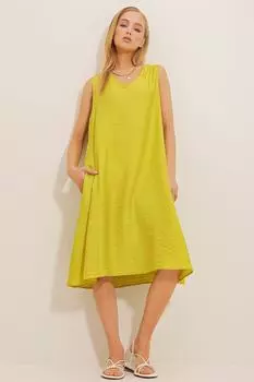 Женское маслянисто-зеленое тканое платье Aerobin с v-образным вырезом и двумя карманами Trend Alaat Stili, зеленый