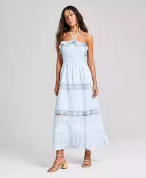 Женское макси-платье приталенного силуэта с кружевными деталями из хлопка And Now This, синий