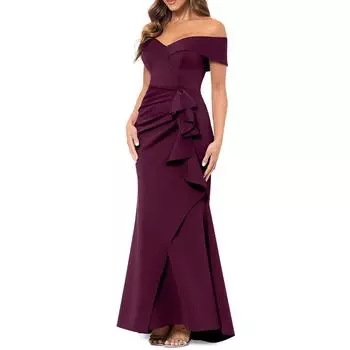 Женское макси-платье с открытыми плечами и оборками Xscape, цвет wine