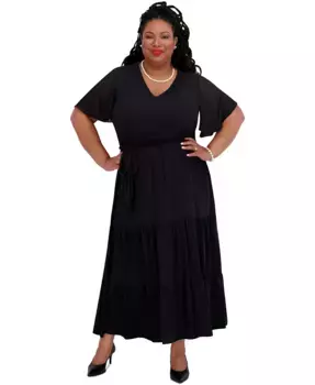 Женское макси-платье с V-образным вырезом и расклешенными рукавами, стандартные и плюс размеры Kasper, черный