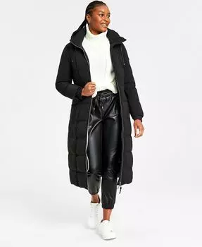 Женское макси-пуховик смешанной техники с поясом и капюшоном DKNY, черный