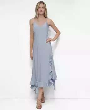 Женское миди-платье-комбинация с воланами по подолу DKNY, синий