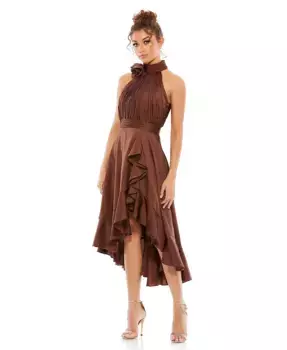 Женское миди-платье с цветочными деталями, рюшами и бретелями на шее Mac Duggal, коричневый