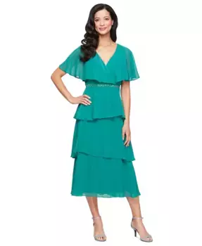 Женское миди-платье с многослойной запашной юбкой и декорированным поясом SL Fashions, зеленый