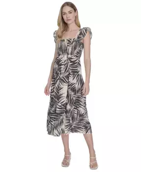 Женское миди-платье с принтом и рюшами на бретелях Vince Camuto, черный