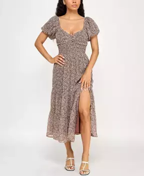 Женское миди-платье с принтом, пышными рукавами и вырезом "сердечко" Trixxi, коричневый