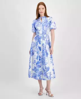 Женское миди-платье с пуфовыми рукавами и застежкой на пуговицы T Tahari, мультиколор