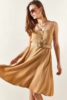 Женское мини-льняное расклешенное платье бисквитного цвета с поясом и боковой молнией Olalook, коричневый