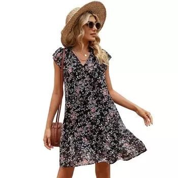 Женское мини-платье Babydoll, летнее короткое платье с v-образным вырезом и развевающимися рукавами в стиле бохо, с цветочным принтом Kojooin, цвет Black Floral
