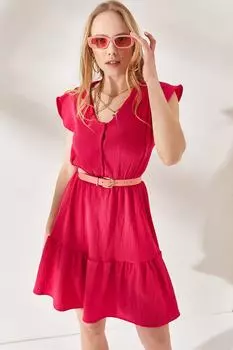 Женское мини-платье цвета фуксии с оборками на пуговицах и эластичной резинкой на талии Olalook, розовый