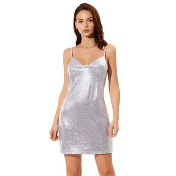 Женское мини-платье для выпускного вечера с металлическим блеском и воротником-хомутом на тонких бретельках ALLEGRA K, цвет Silver