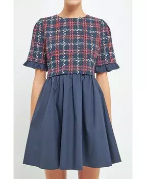 Женское мини-платье из твидового поплина смешанной техники English Factory, темно-синий