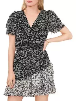 Женское мини-платье с цветочным принтом и сборками Vince Camuto, цвет rich black