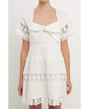 Женское мини-платье с кружевной отделкой и бантом спереди endless rose, белый